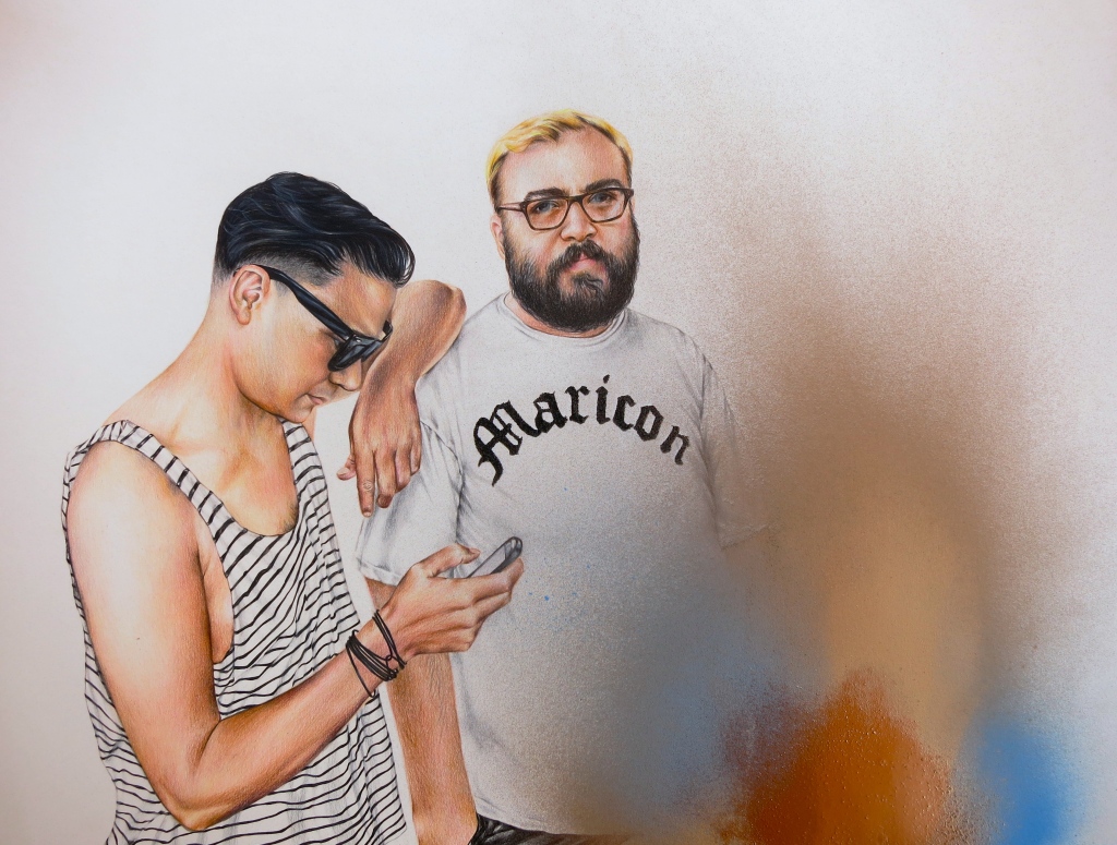 Mauricio and Rudy, Mixtape, by Shuzi Saldamando. Colored pencil, mixed media on paper.